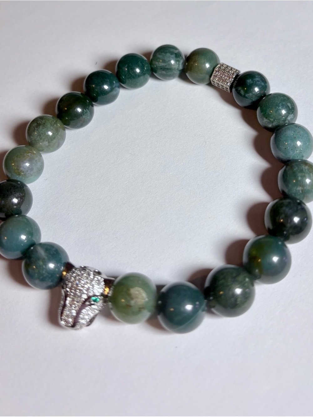 Green Moss Agate Beaded Bracelet with Pave Leopard Charm